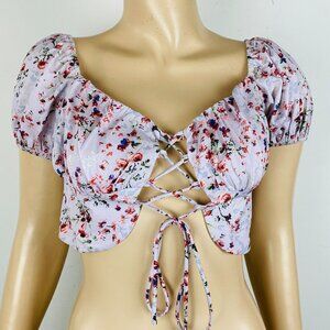 Princess Polly Bohemian Floral Crop Puff Sleeve Lace Up Women's Size 6 Crop Top